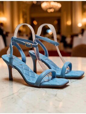 Quilted Sky Blue Heeled Sandals With Adjustable Strap & Square Toe Design For Wo